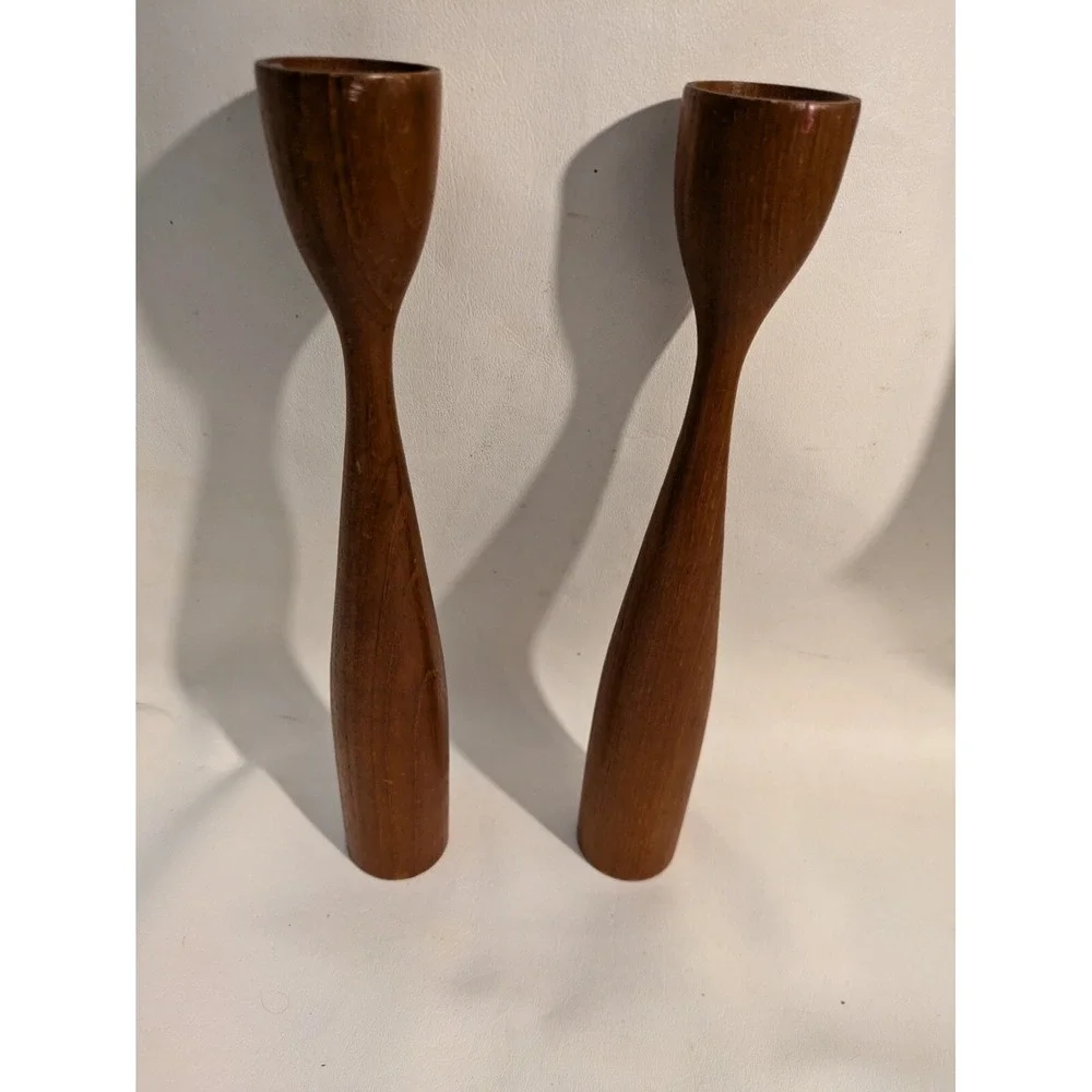 Vintage MCM 2 Teak Wood Tulip Candlestick Candle Holders Denmark 11.5 Inches